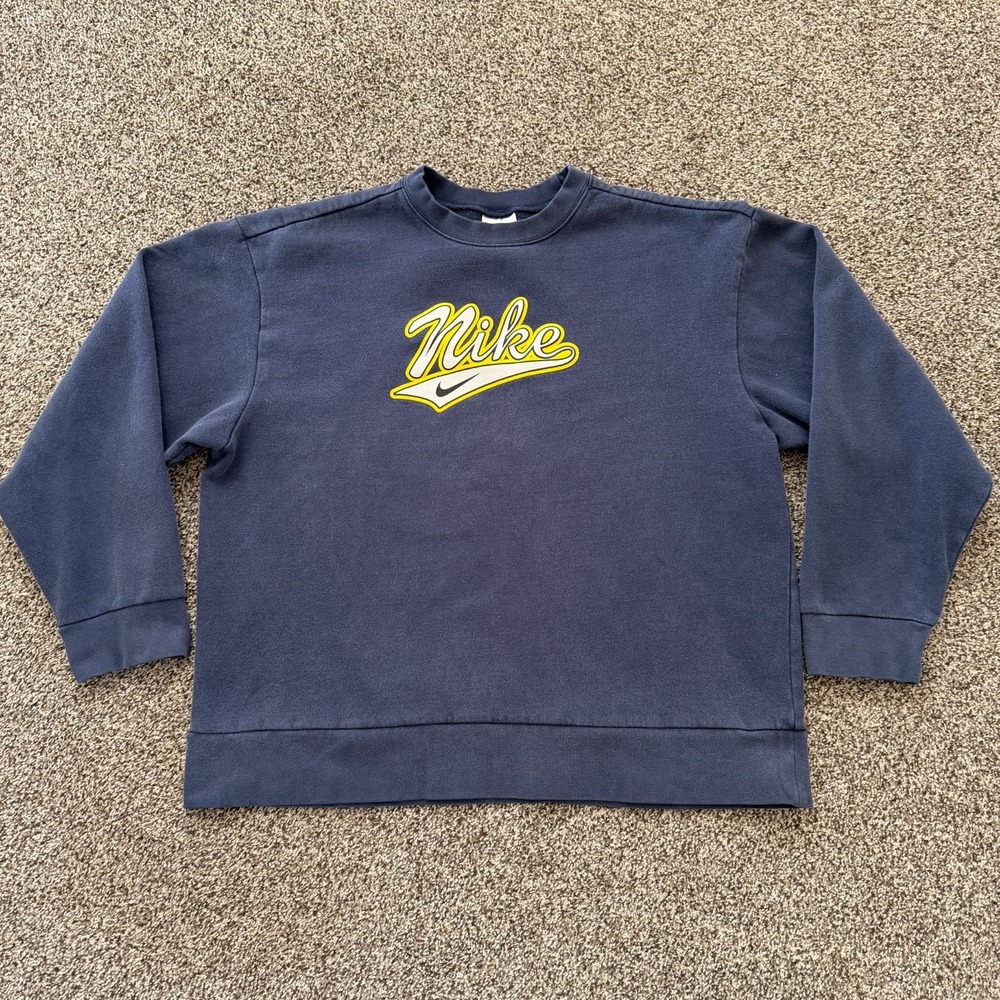 VTG RARE Y2K Nike Script Blue Fleece Sweatshirt Size L Oversized 90s Fit